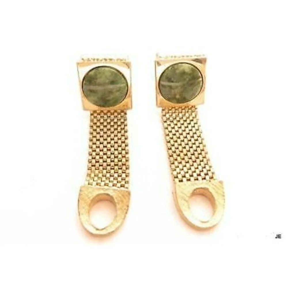 Vintage Green Jade Gemstone Gold Plated Wrap Around Mesh‎ Men's Cufflinks